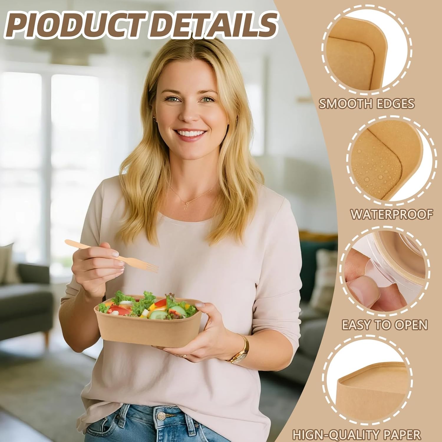 50 Pack 25 oz Paper Food Containers with Lids, Meal Prep Containers Disposable Large Paper Bowls, Microwavable and Freezer Storage Use Cardboard Food Containers - Image 3