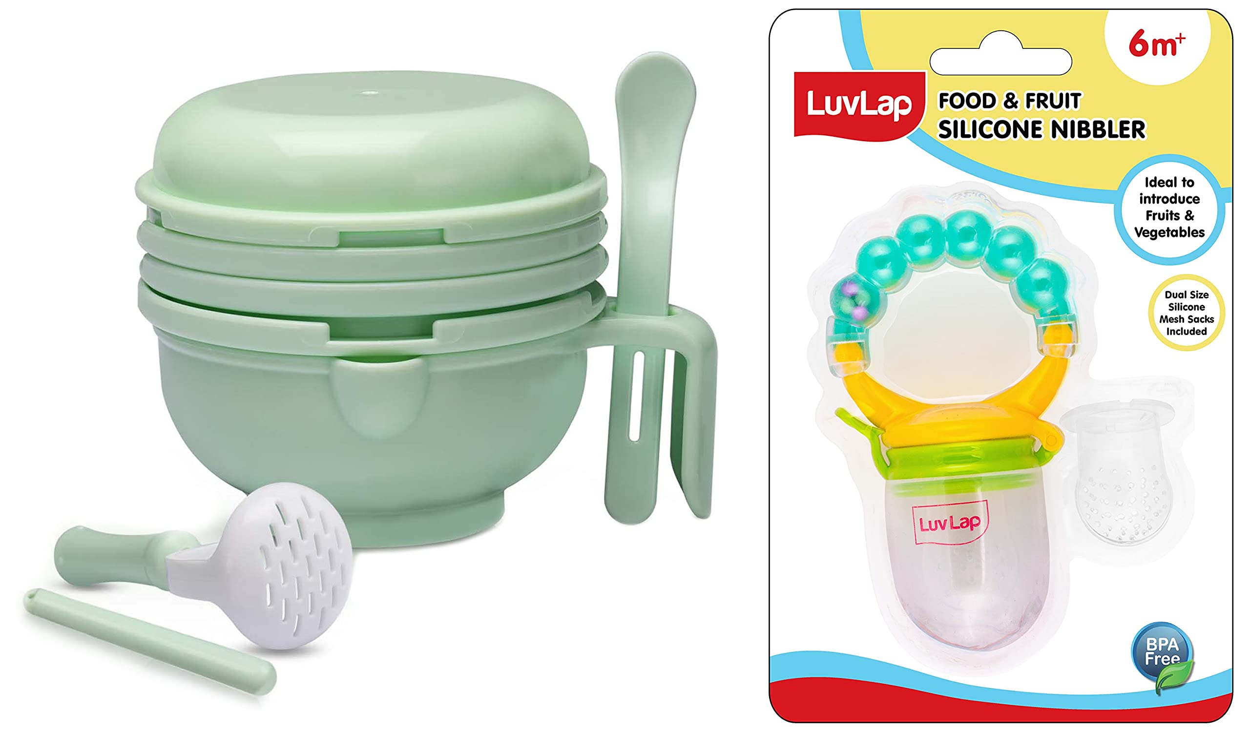 LuvLap 9 in 1 Baby Food Masher Mill, Grinder Cum Processor With Multifunction Textured Mashing & Filtering Plates, Serving Bowl (Light Green) & Pearly Fruit Nibbler-image-3