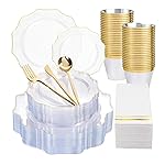 WDF 350Pcs Clear and Gold Plastic Plates - Heavy Duty Clear Plates Disposable - Gold Dinnerware Sets of 100 Plastic Plate 150Silverware 50 Cups 50 Napkins for Wedding/Party/Thanksgiving
