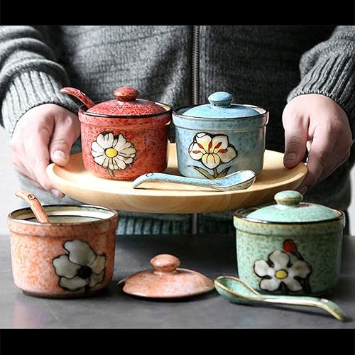 Miniatura 7 de VanEnjoy Tarro de porcelana redondo de cerámica pintada a mano con cuchara de condimento redondo (azul)