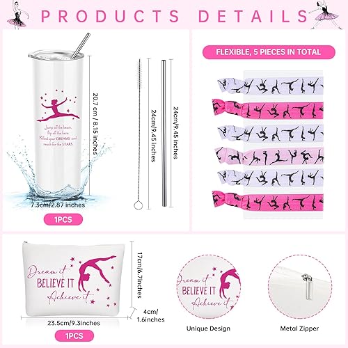 Miniatura 2 de Junkin 3 piezas de regalos de gimnasia para mujeres, incluye vaso de acero inoxidable con bolsa de maquillaje y pajita, lazos elásticos para el