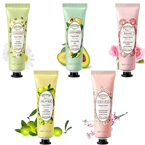Set de regalo de crema de manos, 5 piezas de crema de manos de frutas y flores, crema de manos hidratante para manos secas, loción de manos sin