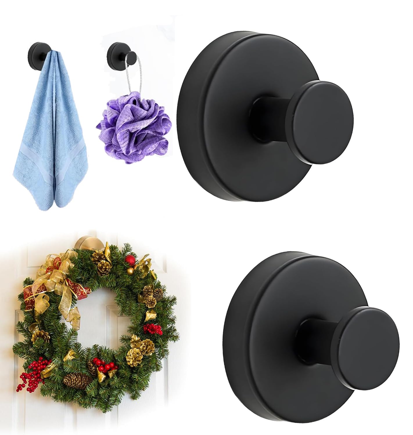 2026 Upgrade Suction Cup Hooks for Wreaths on Glass, Stainless Steel Waterproof No-Drill Suction Cup Hooks, Household Wreath Hanger Holder for Glass Window Door Bathroom Mirrors (Black, 2PCS)
