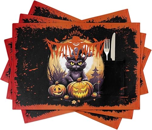 Juego de 4 manteles individuales de Halloween para mesa de comedor, de algodón y lino, con bolsillo, lavable cuadrado, rectangular, redondo,