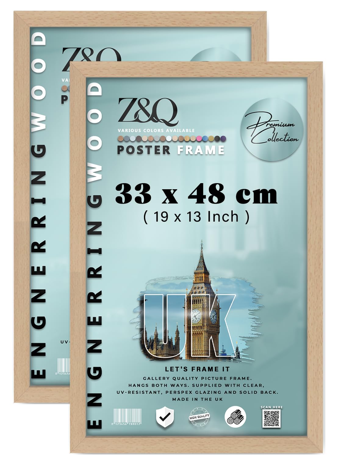 Z&Q Pack of 2 Rectangle MDF Wood Finish (33 x 48 CM) Poster Frame | Durable Frame for Wall Décor 19 x 13 Inch Perfect for Room Interior [ Beech ]