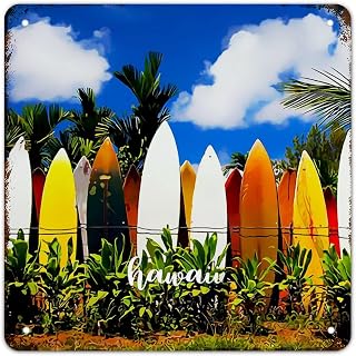 Retro Metal Tin Sign Hawaii USA Hawaii Seaside Surfing Cityscape Signs Popular Country City Souvenir Wall Art Rustic Wall Decor for Bedroom Cafe Bar Office Garage 10x10 inch