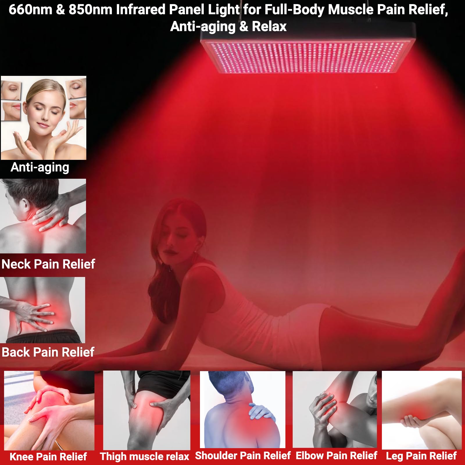 Lampada per terapia a luce rossa Pannello luminoso a infrarossi per tutto il corpo a 660nm e 850nm timer,5 livelli di luminosità e controller intelligente per il sollievo dal dolore muscolare,anti-età