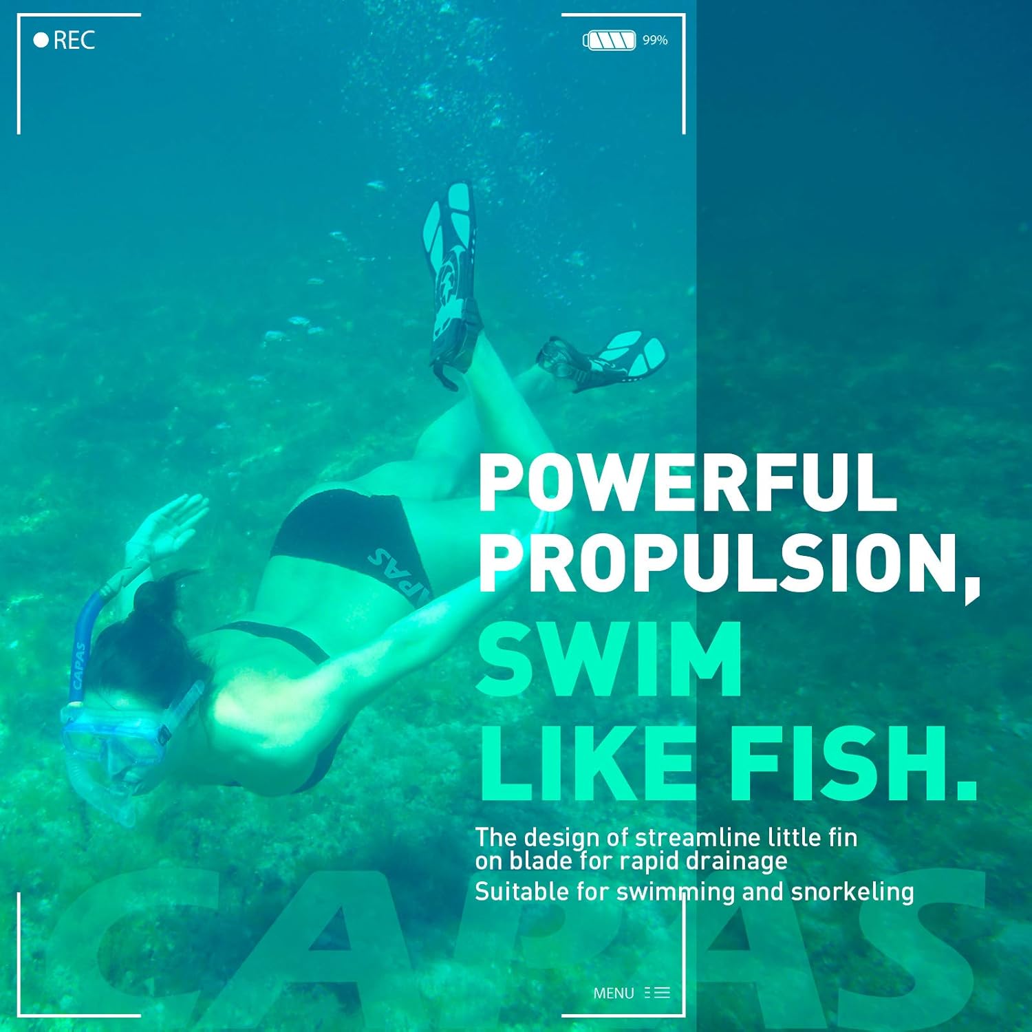 CAPAS Swim Fins, Snorkel Fins with Travel Size Short Fins for Snorkeling Diving Adjustable Open Heel Flippers for Men Women Youth : Sports & Outdoors