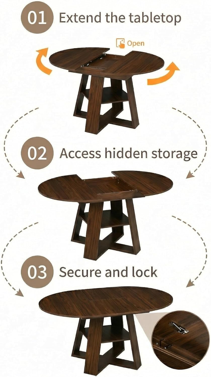 Henf 43.3"-59" Round Extendable Dining Table for 4-8 Person,Farmhouse Oval Expandable Kitchen Table Set with Storage Removable Leaves, Space Saving Transformer Dining Room Table for Apartment,Walnut