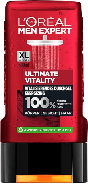 L'Oréal Men Expert Żel pod prysznic do ciała, twarzy i włosów, efekt lodu i dodatkowy efekt chłodzenia dla mężczyzn, Ultimate Vitality, 1 x 300 ml