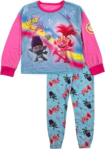 Trolls Little Girls Two-Piece Pajama Set - Long Sleeve Top and Pants, Blue, 6/6X