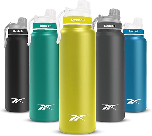 Reebok Botella de agua atlética de acero inoxidable  Botella de agua aislada de 32 onzas con tapa de chug  Botella de agua deportiva aislada al