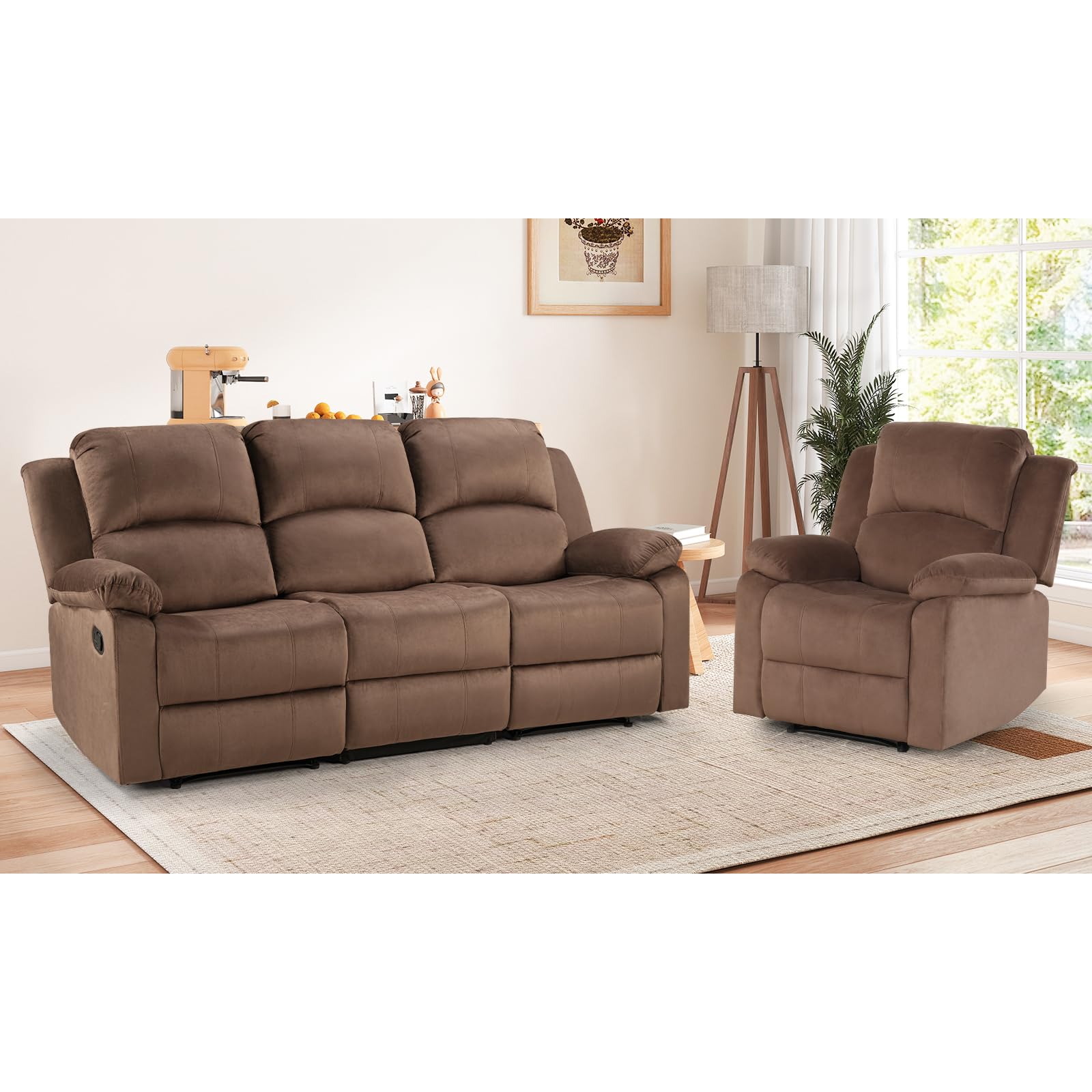 EBELLO Manual Reclining Couch Set for Living Room, Include 1 Recliner Chair, 3 Seat Sofa, Soft Microfiber Recliner Sofa Furniture Set for Home and Office, Brown view 8