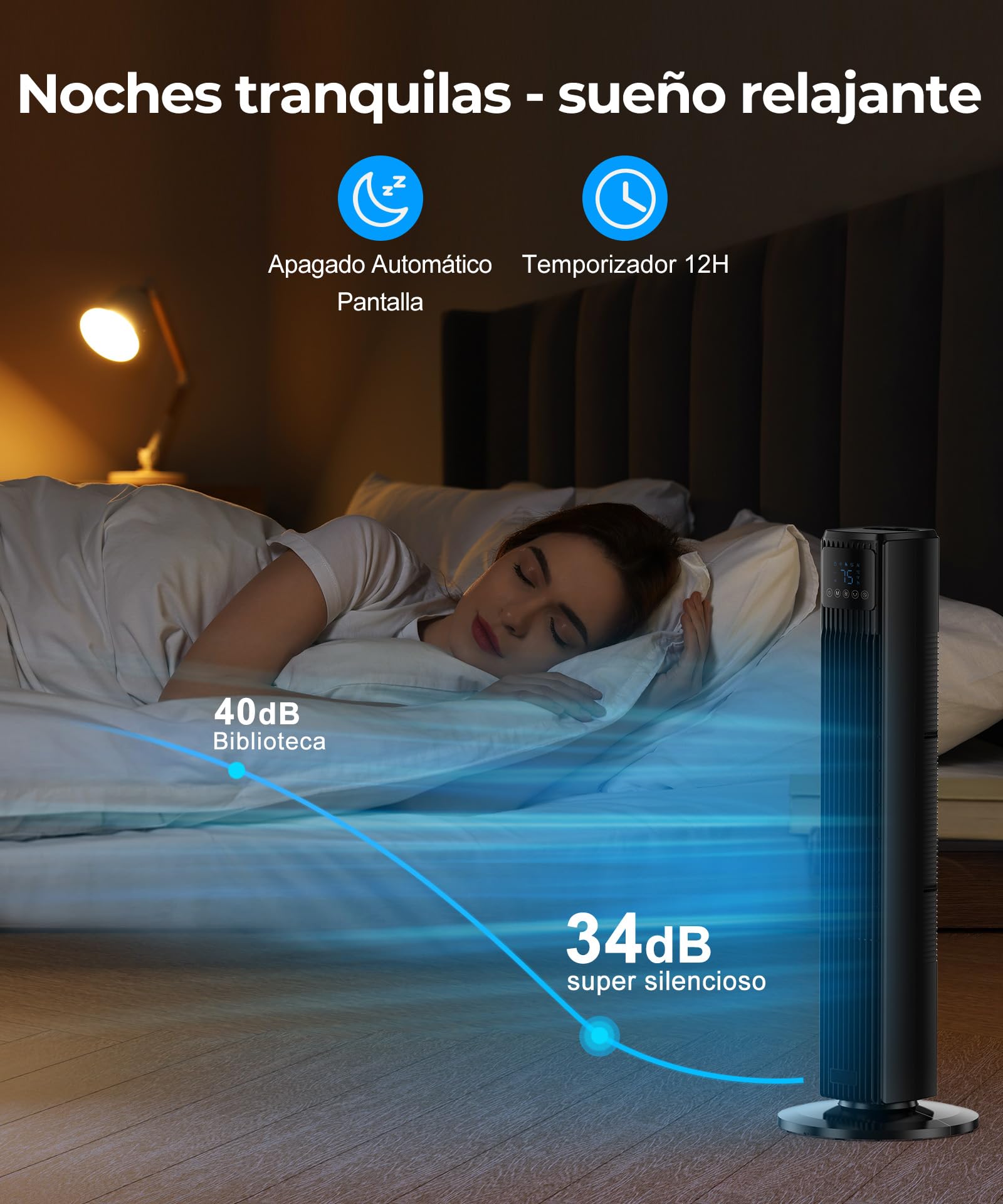 PNTCK Ventilador de columna para el dormitorio, ventilador silencioso con mando a distancia, ventilador oscilante de 90° con 4 velocidades, 4 modos, temporizador de 12 horas