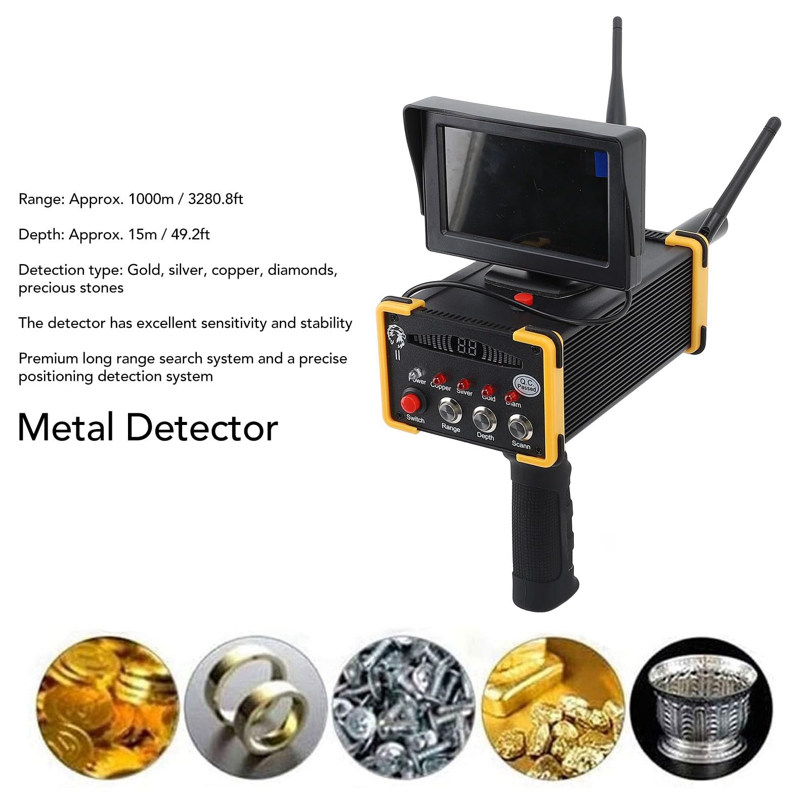ciciglow Metalldetektor Hochpräziser Gold-Silber-Detektor mit Bildschirm zur Erkennung von Metallen (EU-Stecker 100-240 V)
