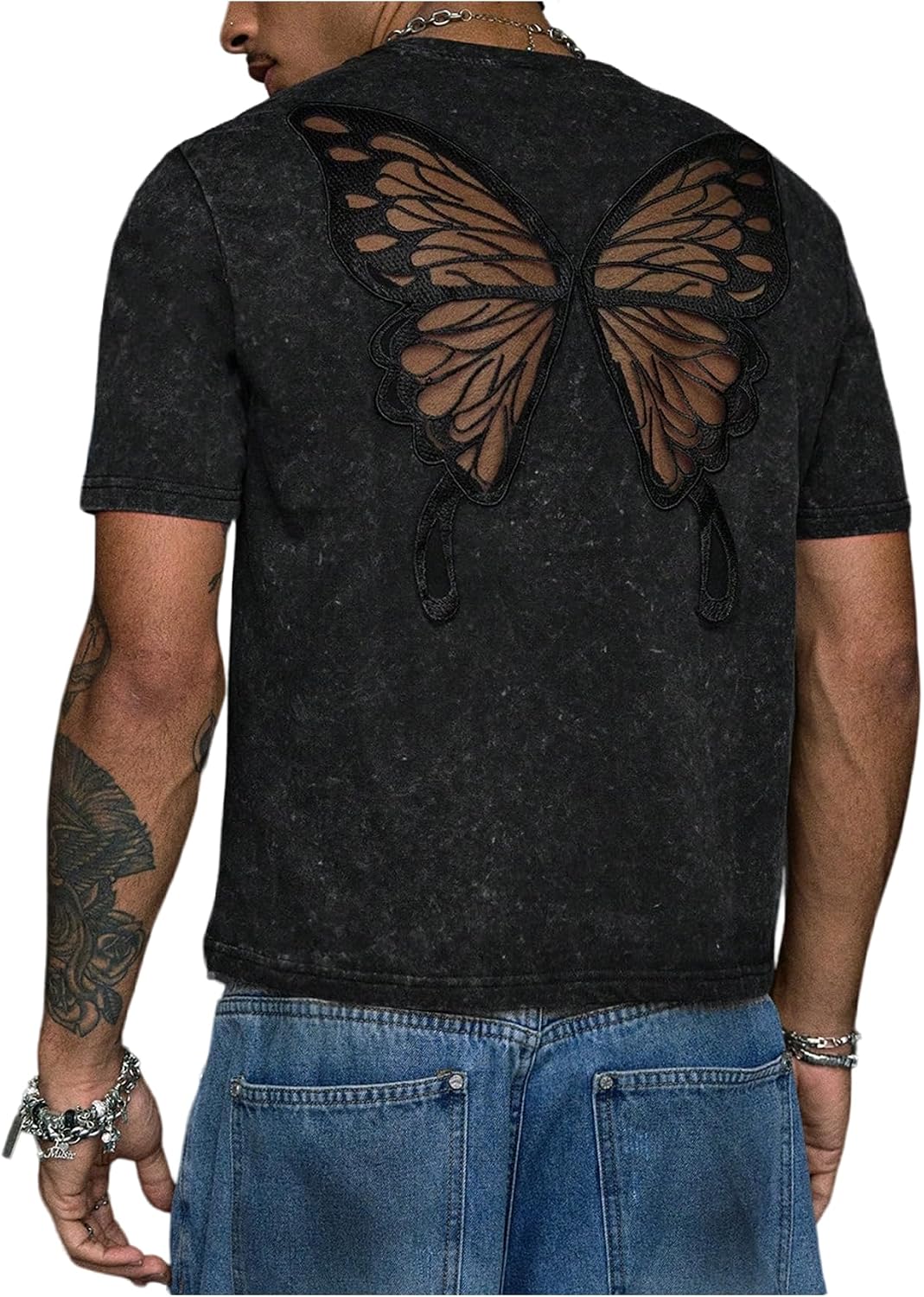 GORGLITTER Men's Y2k Shirts Grunge Vintage Gothic Washed Butterfly Short Sleeve Crew Neck Streetwear Crop Top