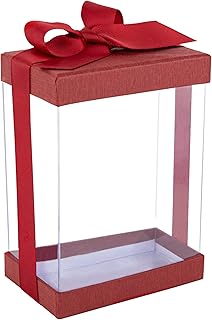 Hammont Clear Plastic Gift Boxes (6 Pack) Bakery Boxes with Base, Lid & Ribbon | For Cakes, Pastries, Cookies, Cupcakes & Party Favors (Maroon, 7x5x3â€)