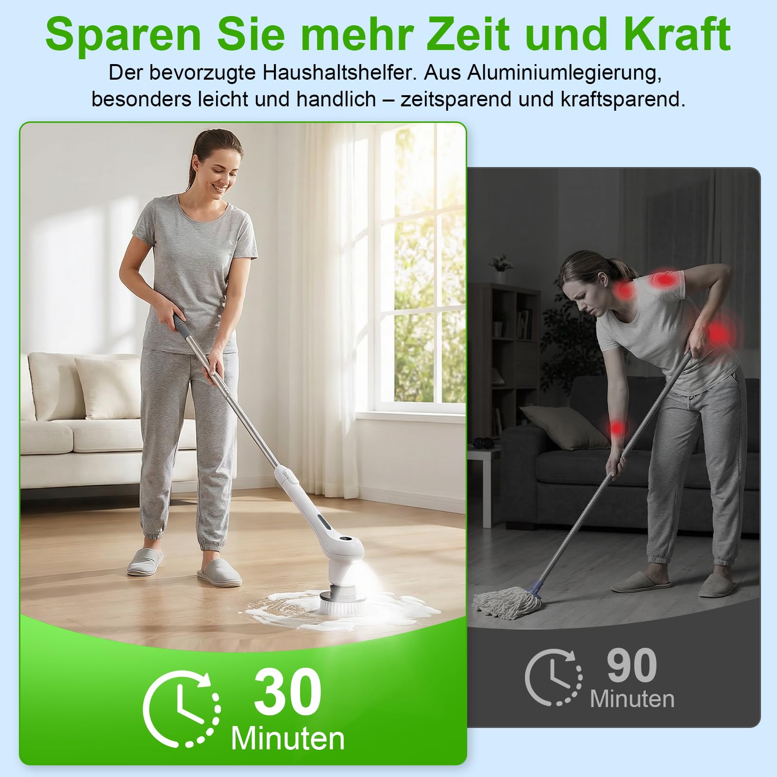 Elektrische Reinigungsbürste, 8 in 1 Putzbürste Elektrisch, Electric Cleaning Brush IPX7 Wasserdichter mit Austauschbaren Bohrbürstenköpfen und Verstellbarem Griff für Badezimmer, Fliesen, Küchenherd