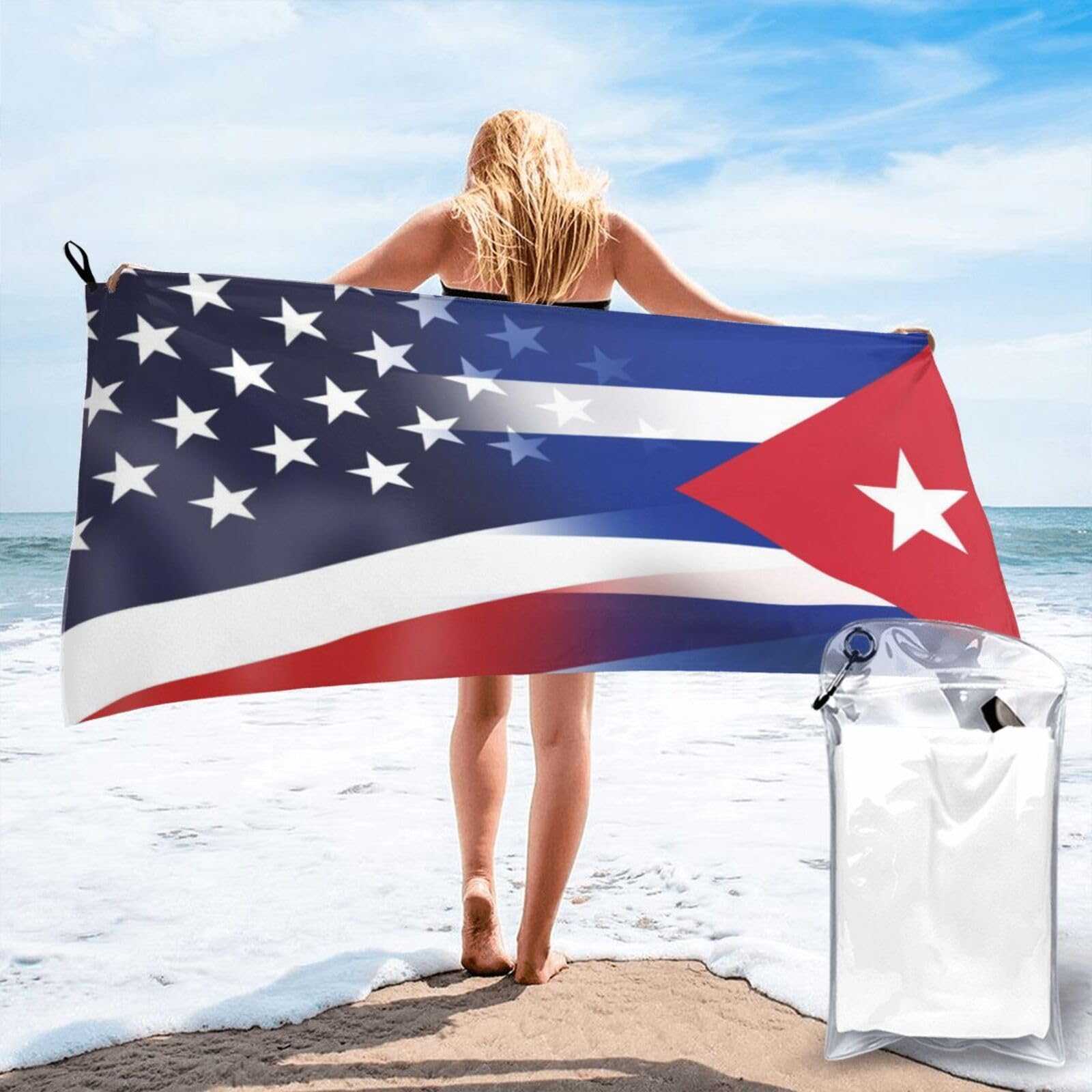 HACXZ Funny America Flag and Cuba Flag Absorbent Beach Towel Microfiber Beach Shower Towel 31.5"X63"
