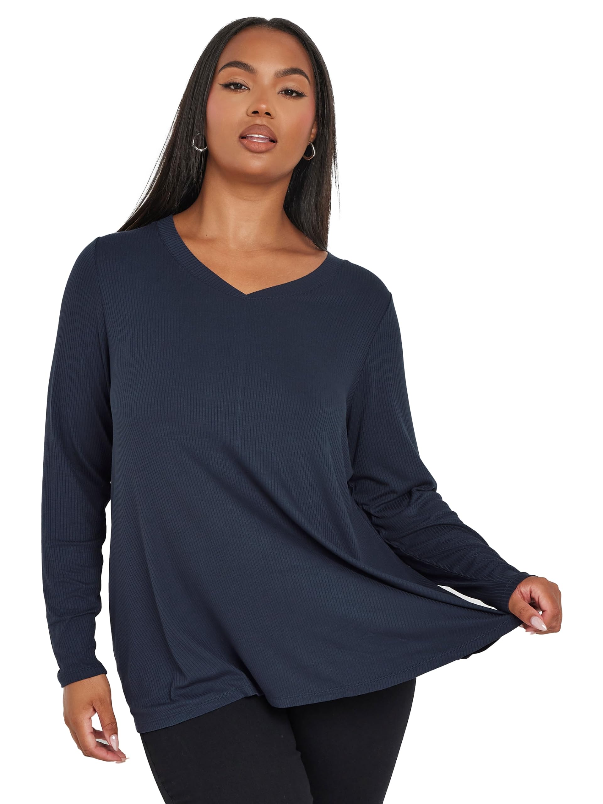 Yours Women's Dark Blue Ribbed Long Sleeve Top In Size 18