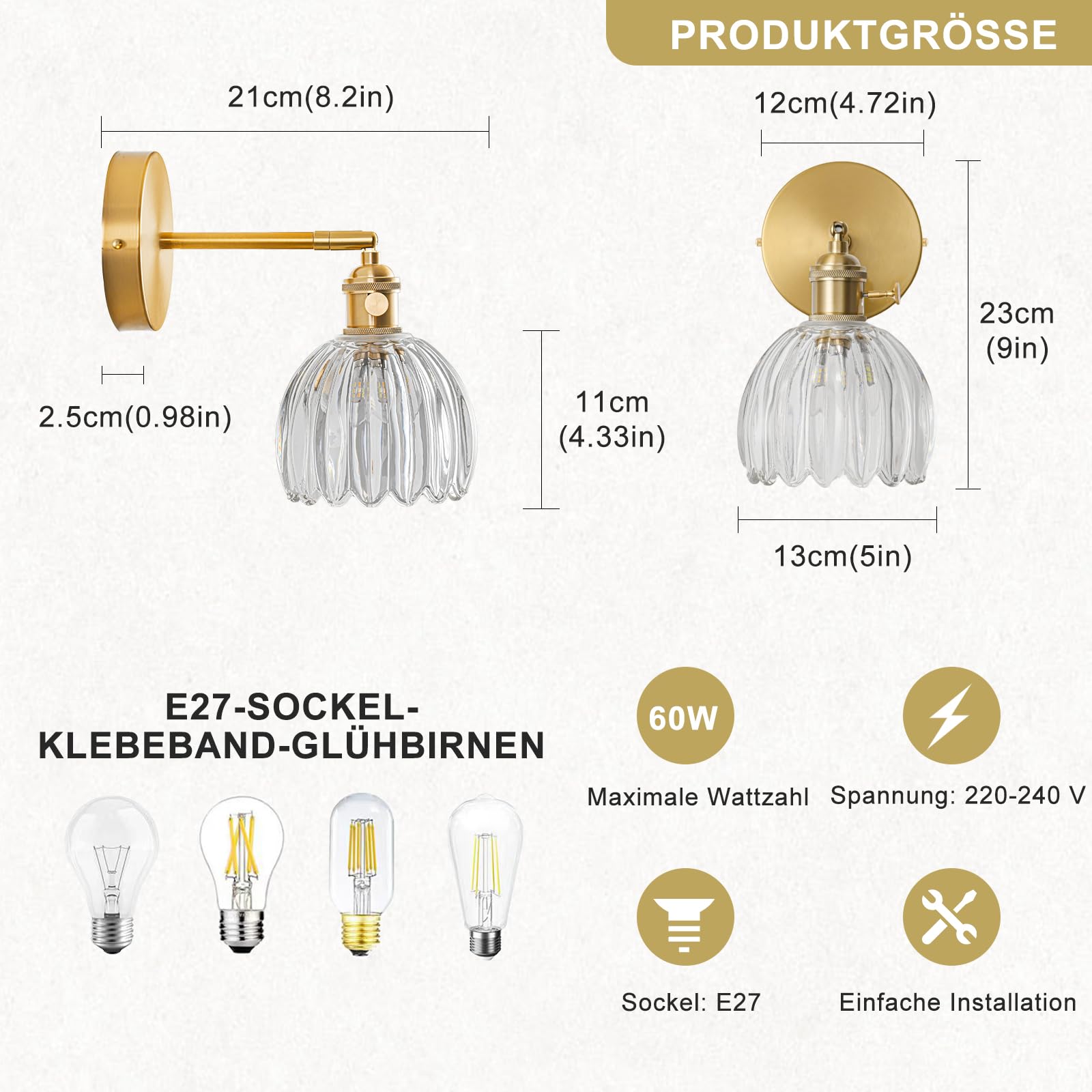 Festverdrahtete Wandleuchte, Vintage wandleuchte mit Schalter, Goldene Armatur mit Tulpen-Transparentglas-Lampschirm, Wandlampe Innen, Wandlampe mit Schalter, Leuchtmittel Nicht Enthalten