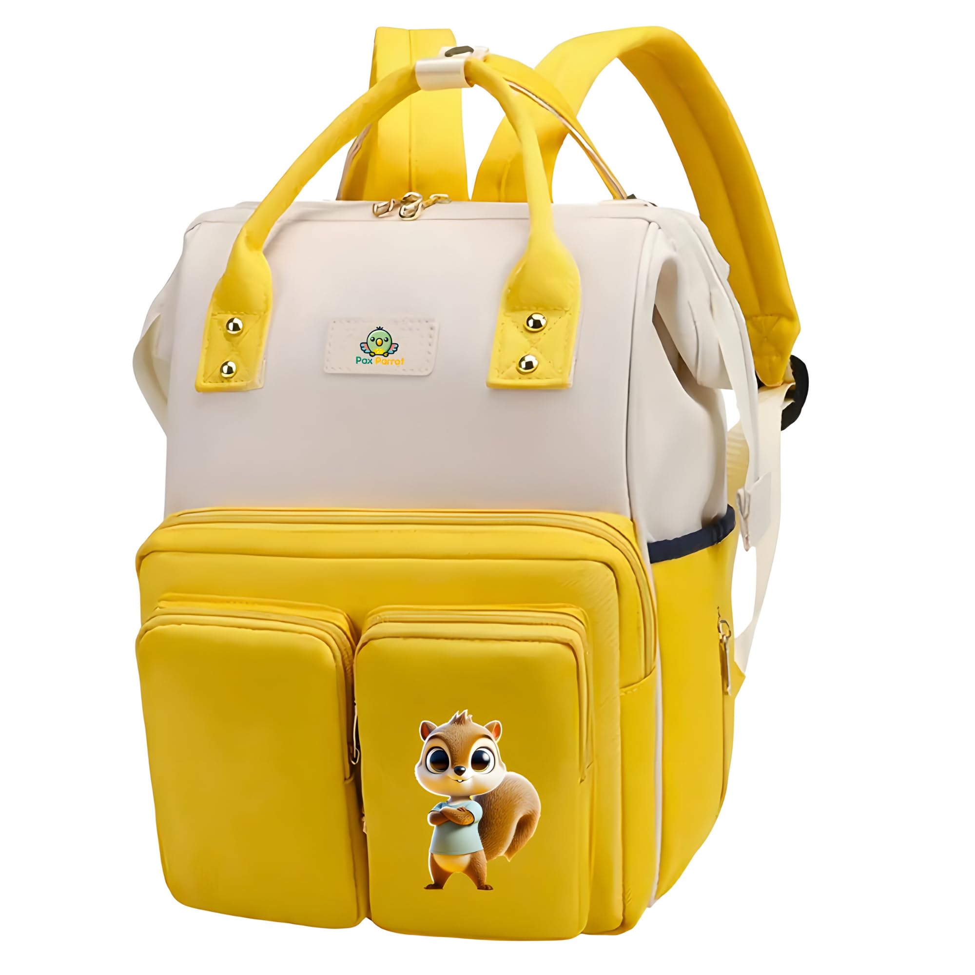 PAX PARROT,Premium Diaper Bag for Mother Travelling,Maternity Bags for Mother with Multi Compartments,Black color with cute baby parrot & yellow baby squirrel,Oxford material