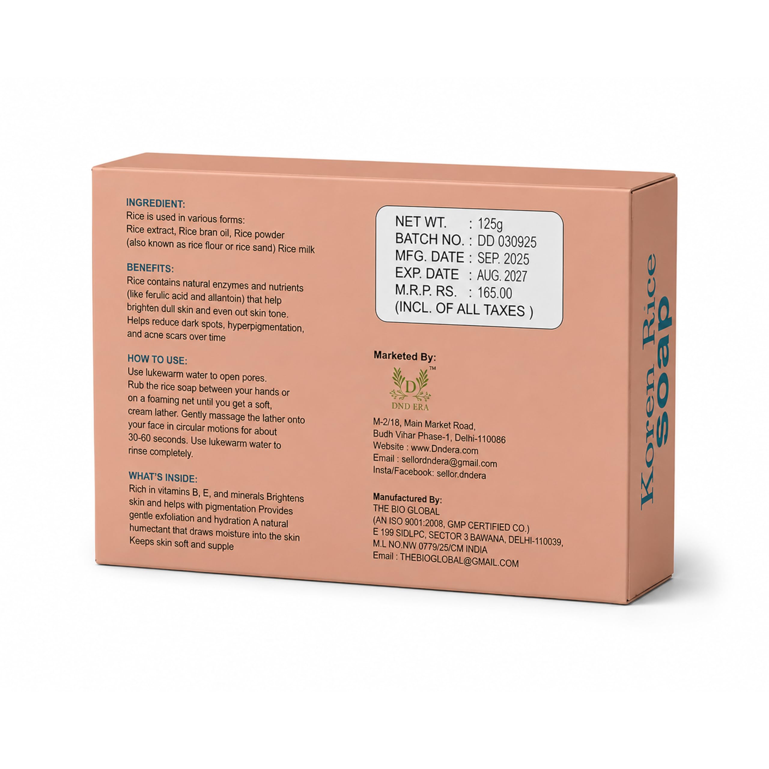 DND ERA® Korean Rice Soap for Skin Brightening & Gentle Cleansing | Natural Rice Milk Soap for Glowing Complexion | Moisturizing Bar for Men & Women (125g)