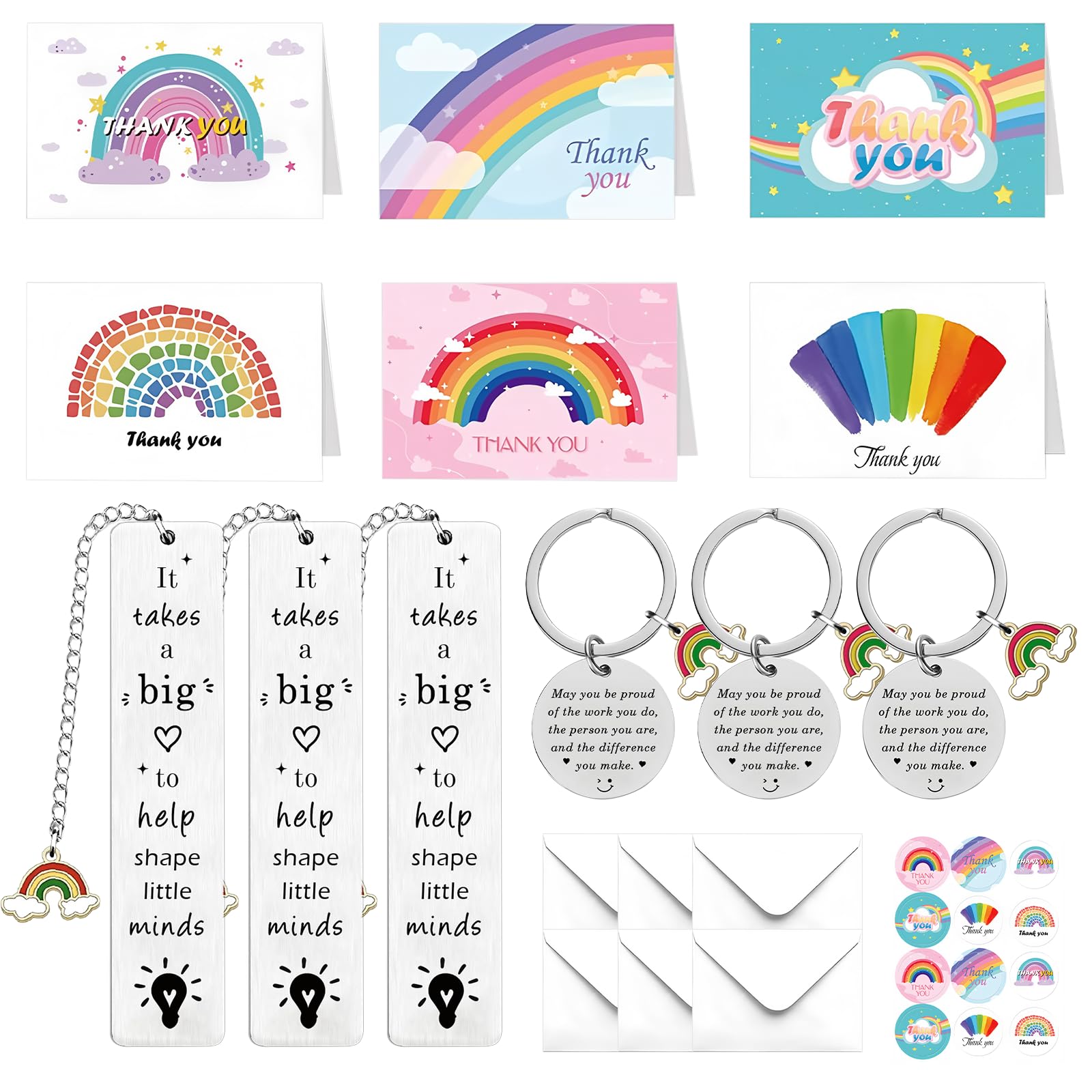 Thank You Teacher Gifts 6 Pack Thank You Card with Keychains Bookmarks Envelopes and Stickers Best Teacher Gifts for Women Men Thanksgiving Christmas Graduation Leaving Gifts (Colorful)