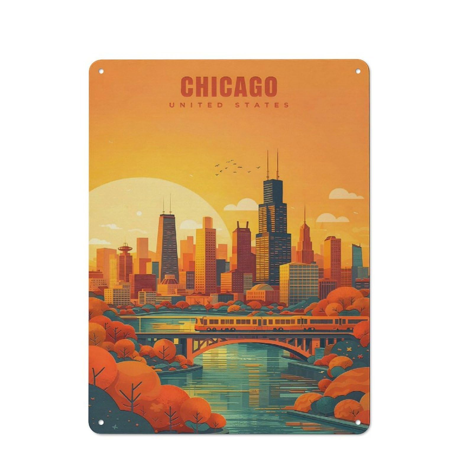 Junmoney Style-5 Retro Metal Plaque 40X30cm Featuring Chicago Skyline At Sunset For Workshop Wall, For Metal Sign Collectors, For Garage And Workshop Walls