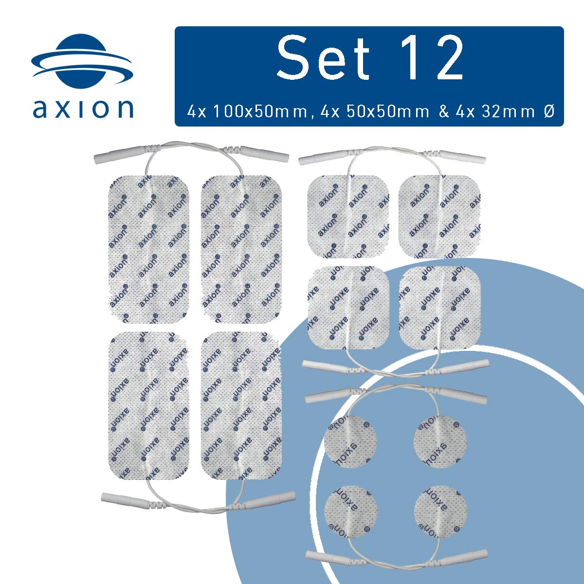 12 axion TENS Unit Electrode Pads - Replacement Pads with 2mm Pin Connector Lead Wire for TENS Machines and Muscle Stimulators | Reusable Self-Adhesive Rectangular Medical Electrodes