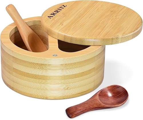 Salero, salero y pimentero de bambú, cuenco de sal con tapa giratoria y cuchara
