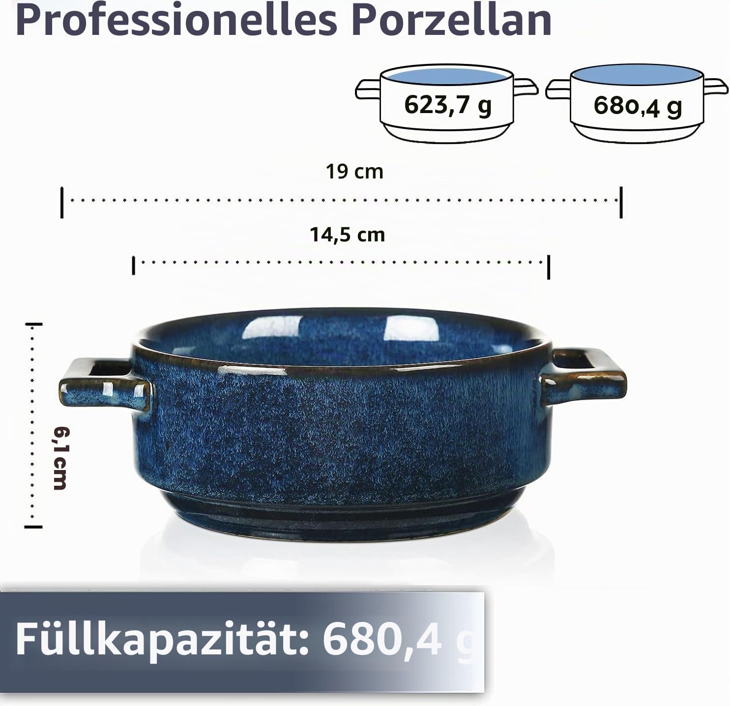 vicrays Suppenteller aus Keramik, mit Griffen, 680 ml, Suppenteller aus Porzellan, für französische Zwiebelsuppe, Müsli, Rindfleisch, Eintopf, Chill, Pasta, Topfkuchen