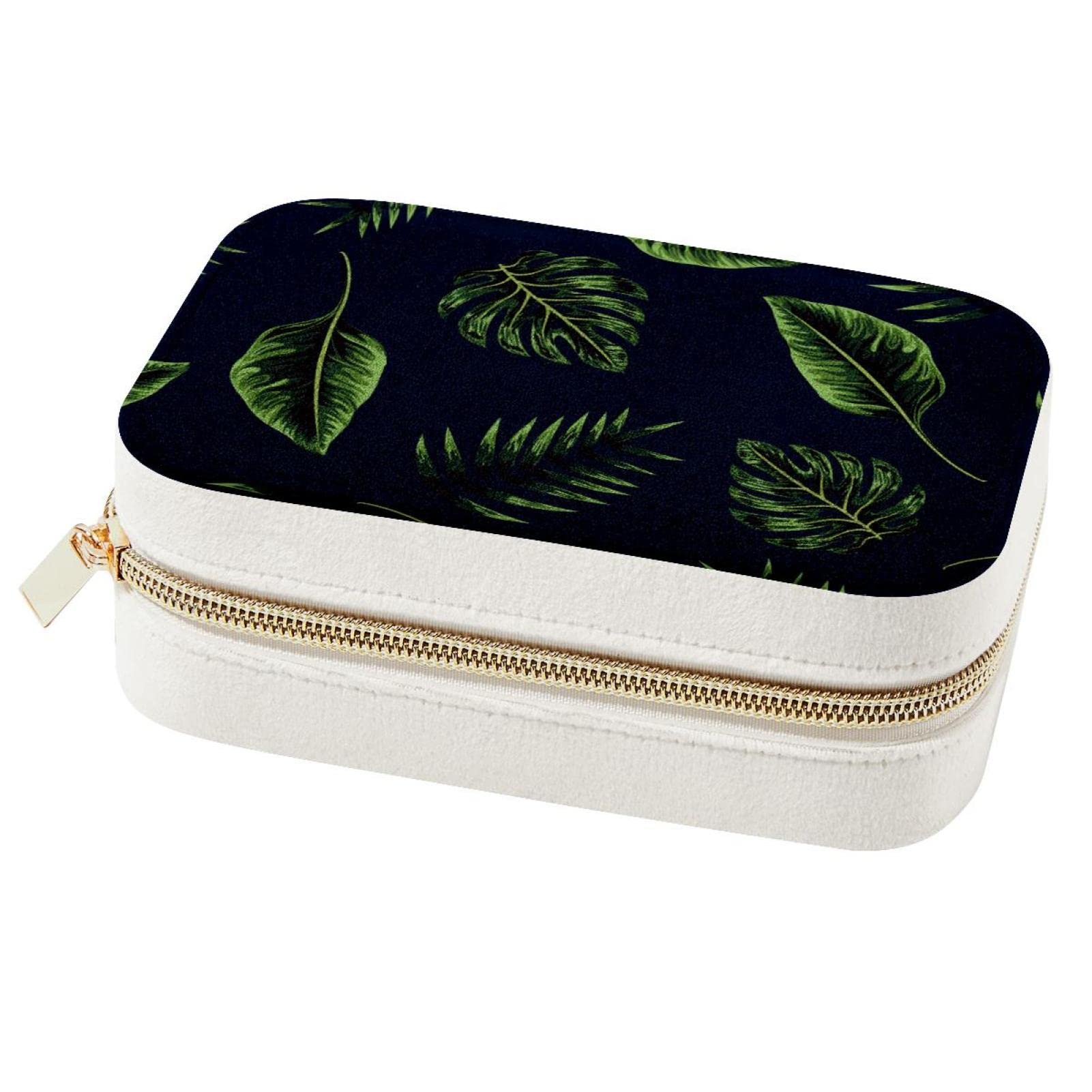 Boîte à bijoux de voyage avec motif feuille tropicale marine pour bagues et colliers