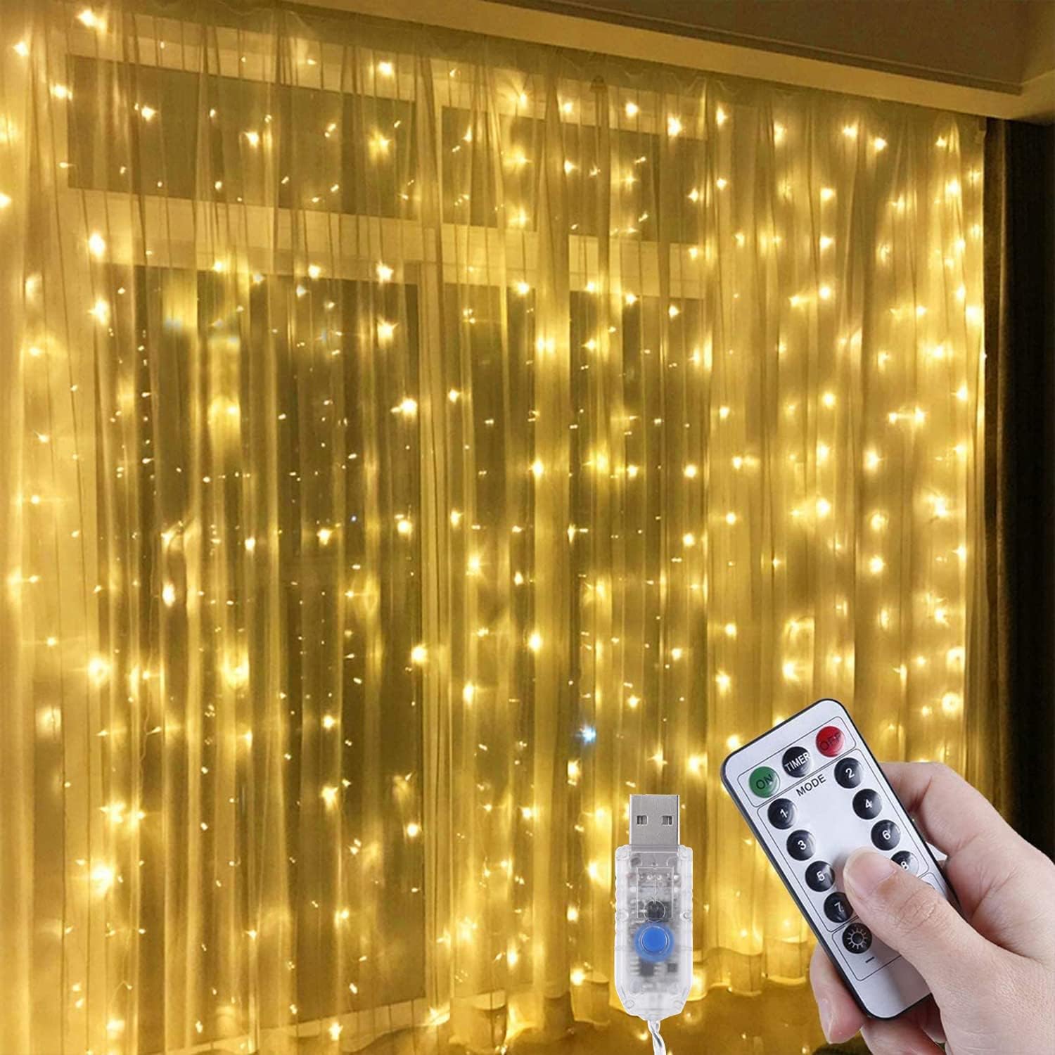 AnproLED USB Light Curtain 3 m x 3 m, 300 LEDs USB Fairy Lights Curtain with 8 Light Models for Party Decoration Bedroom Interior Lighting Warm White