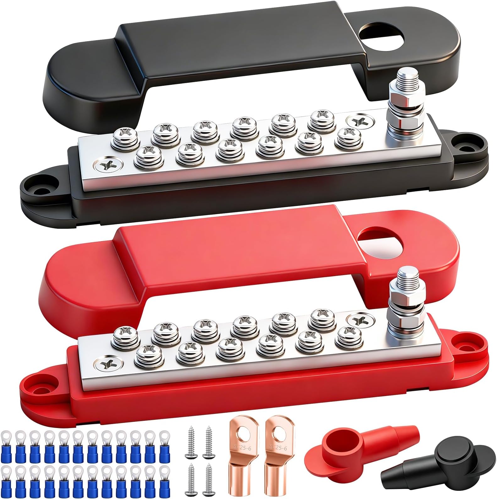 Marine Bus Bar 12V 150A 1/4" Stud Power Distribution Block, Buckle Designed Bottom Battery Busbar, Automotive Buss Bar 12v for Car, Boat and Solar Wiring (Black+Red)