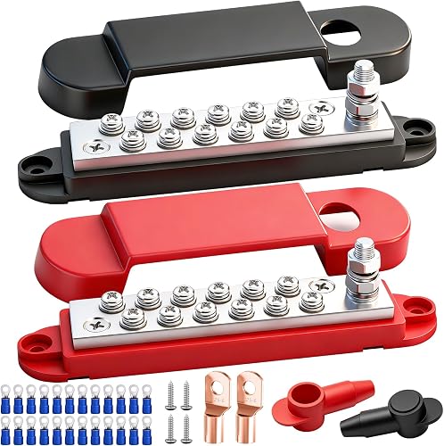 Aienxn Marine Bus Bar 12V 150A 1/4" Stud Power Distribution Block, 12 Volt DC Battery Busbar, Automotive Buss Bar 12v for Car, Boat and Solar Wiring (Black+Red)