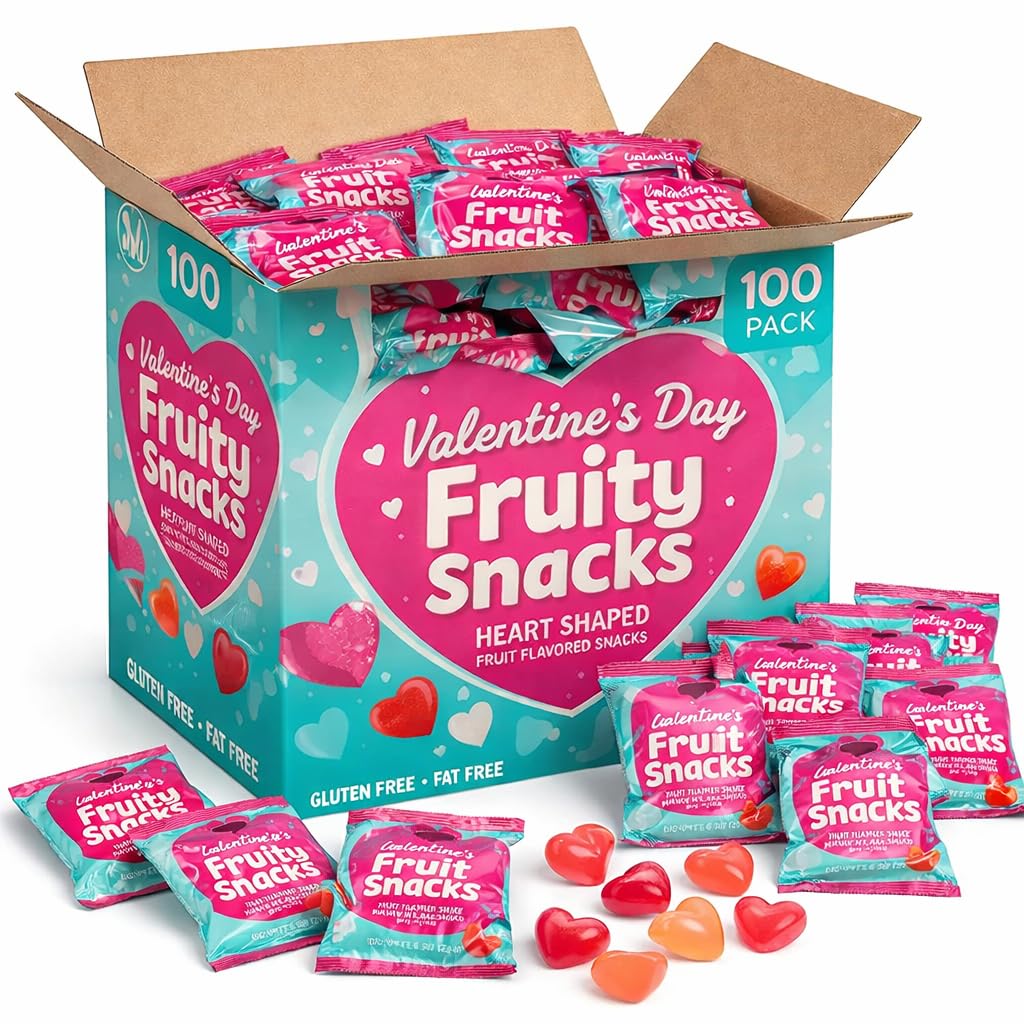 Valentine's Candy Fruit Snacks, Bulk 100 Count (5lbs), Heart Shaped Gummy Candy, Individually Wrapped Fun Size Pouches, Gluten Free, Naturally Flavored Valentines Candy for Kids, Classroom Exchange