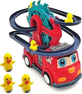 Tipmant Electric Fire Engine Track Rail Car Toy Vehicle Truck Playset Automatic Driving, Sound, Luminous Light, Kids Birthday Gifts (Red)