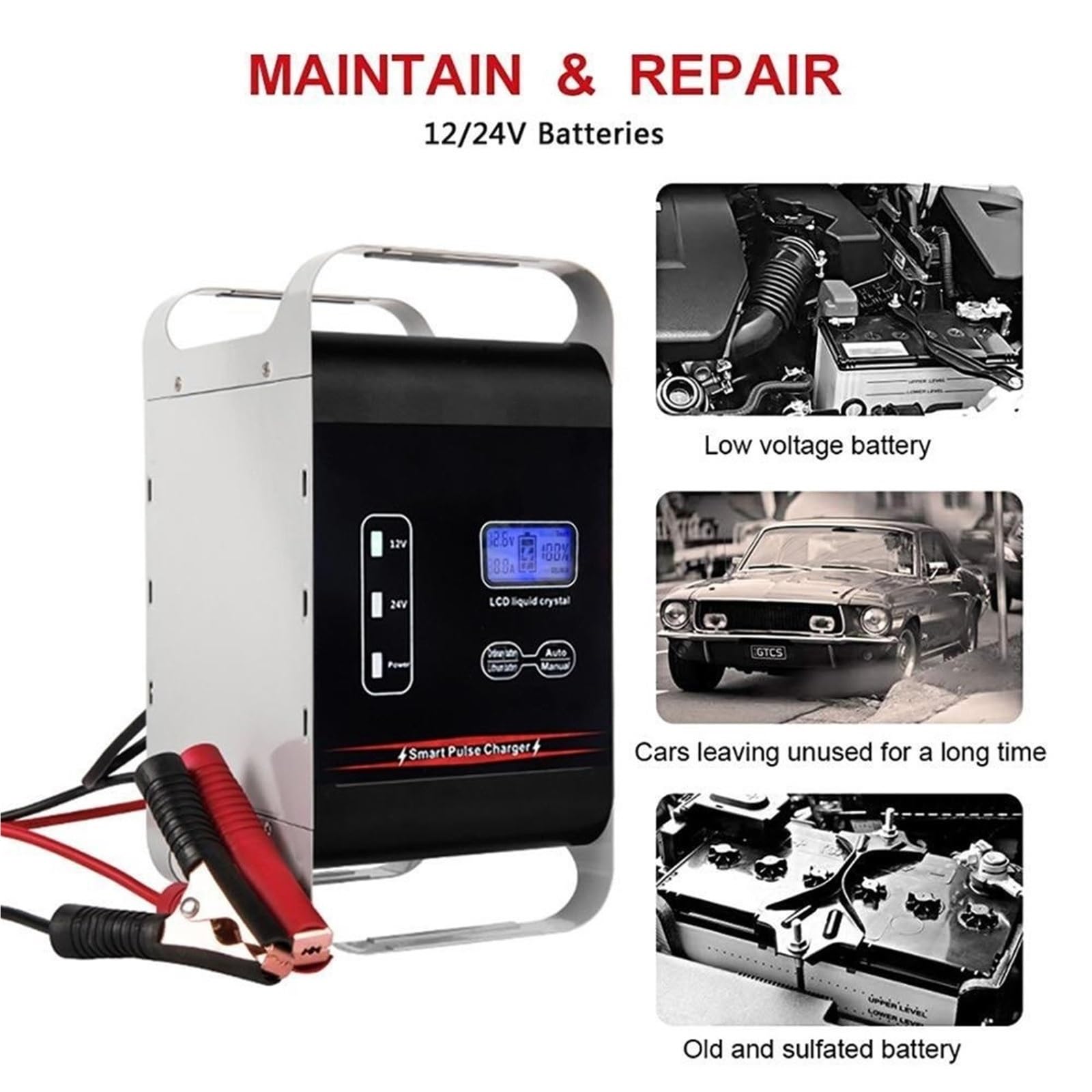 Cargador de Batería de Coche 12V 24V 600W de Gran Alcance la batería del Cargador Coche 6A - Móvil 100A 200A 400Ah Barco Auto Carretilla elevadora Almacenamiento