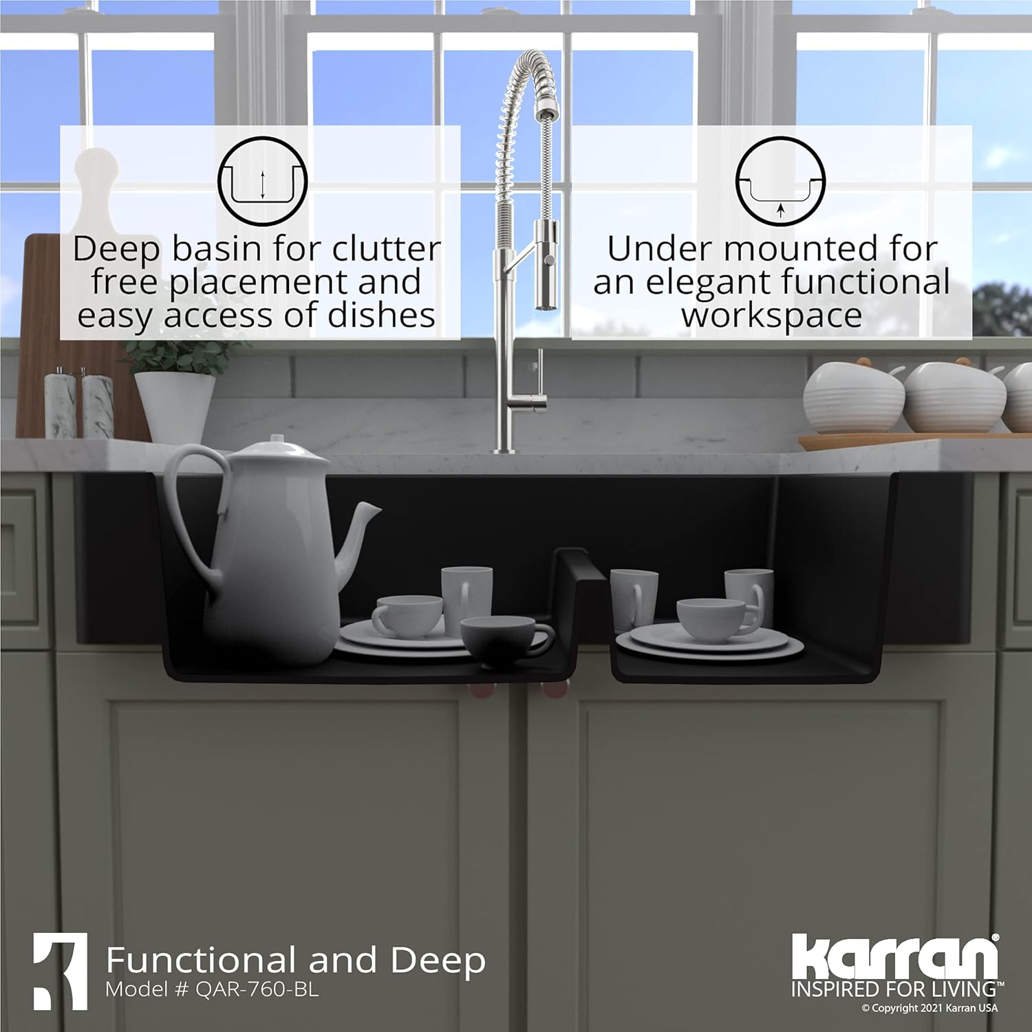 New Deal Karran Retrofit Farmhouse/Apron-Front Quartz Composite 34 in. Double Offset Bowl Kitchen Sink in Black