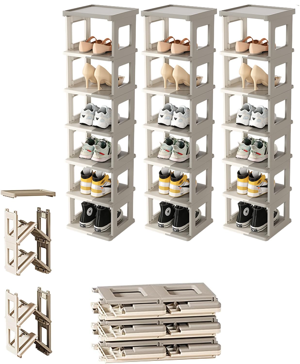 Foldable Shoe Rack, 7 Tier Plastic Shoes Cabinet, Free Standing Entryway Stackable Tower Shelf, Multi-Function Organizer, Boots Storage Shelf Modern House Furniture Home Office Stands (3 x 7 Tiers)