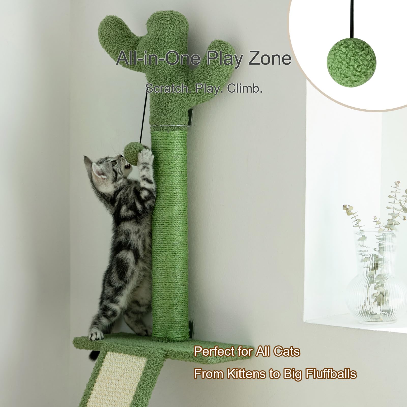 Wall Mounted Cat Scratcher with Jump Platform – Tall, Stable Cat Wall Furniture with Sisal Post for Climbing and Scratching – Cactus Design for Indoor Cats - image 3