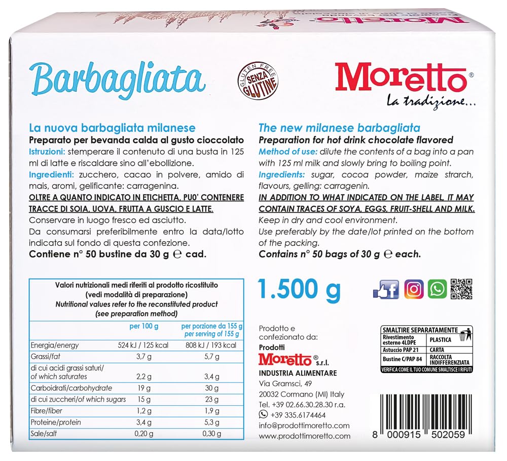 MORETTO Barbagliata - preparato in polvere per cioccolata calda in tazza - gusto CIOCCOLATO - 1 scatola con 50 bustine