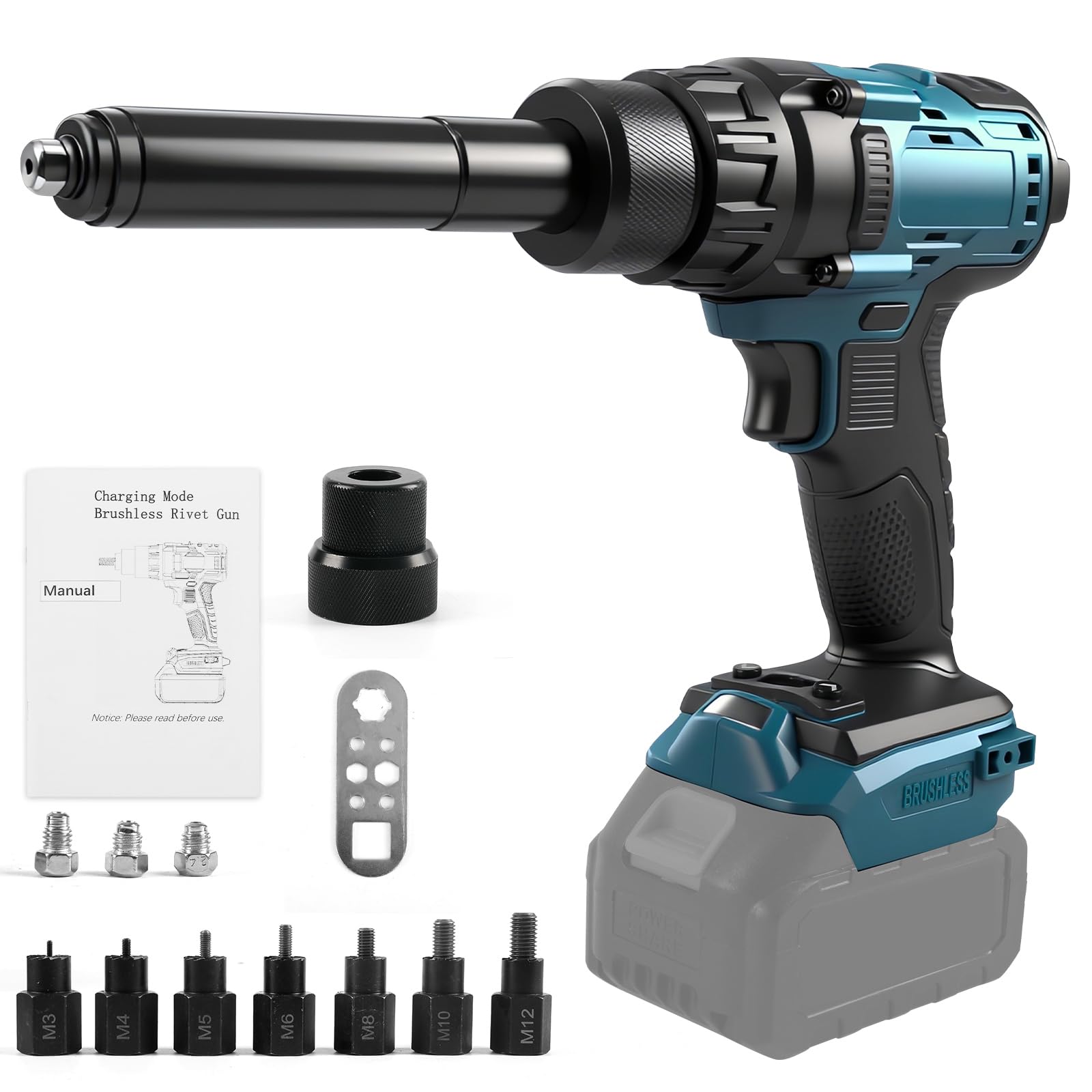 Roadtime Remachadora inalámbrica 2 en 1 compatible con batería Makita de 18 V (sin batería), pistola eléctrica portátil con tuercas M3, M4, M5, M6, M8, M10, M12, 4 adaptadores y luz LED