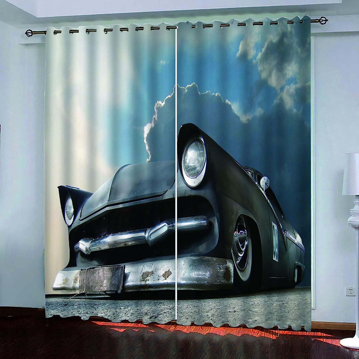 Vorhang Verdunkelung Mit Ösen Wohnzimmer Modern Retro Blaues Auto 3D Vorhänge Fenster Kinderzimmer 183 X 214 cm Schlafzimmer Vorhänge Gardinen Blickdicht 2Er Set - Kinder Bedruckte Vorhänge-9N2B+L1G