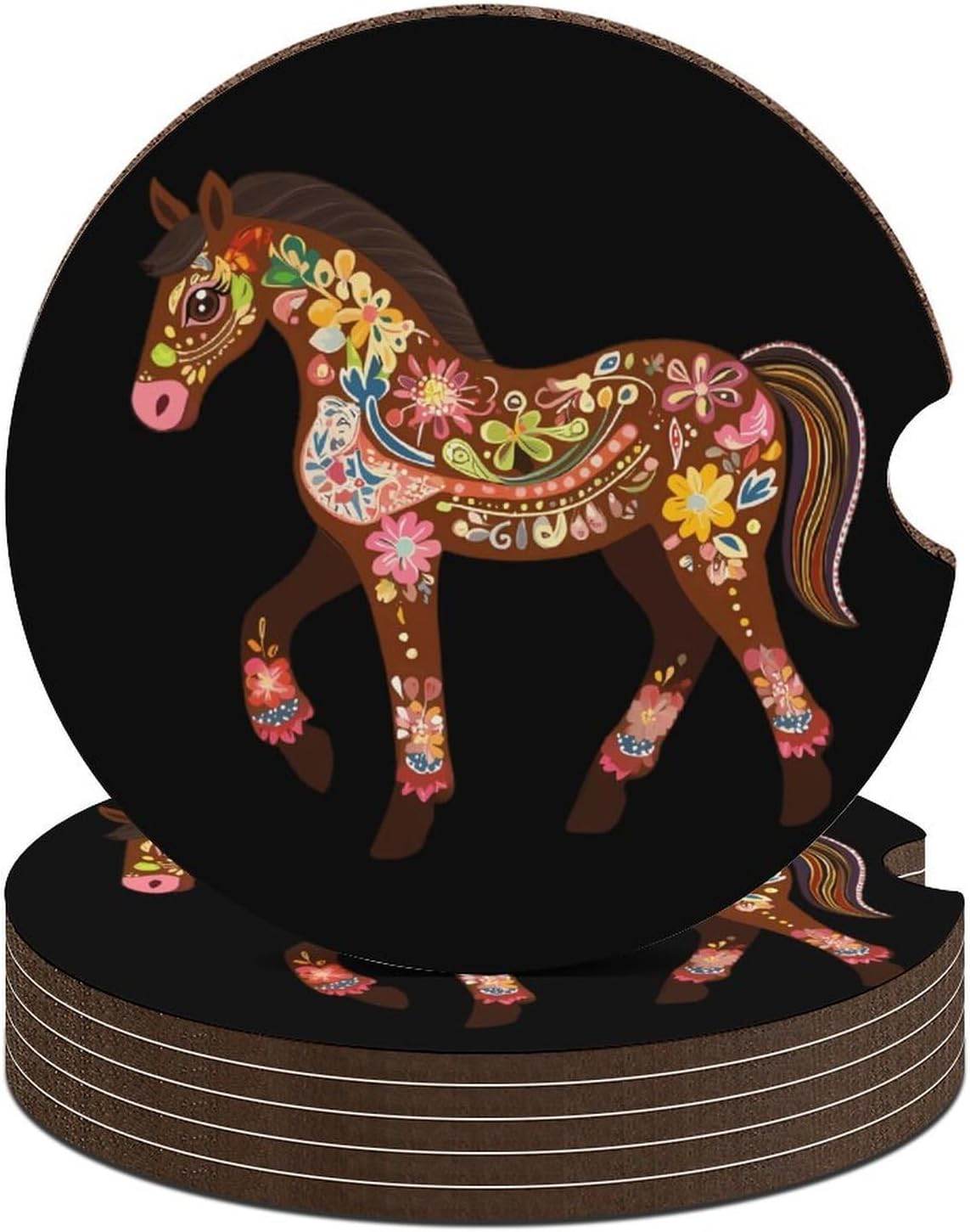 Colorful Gingerbread Horse Cute Car Coasters 2.56 Inch Absorbent Cup Holder for Drinks Auto Interior Accessories