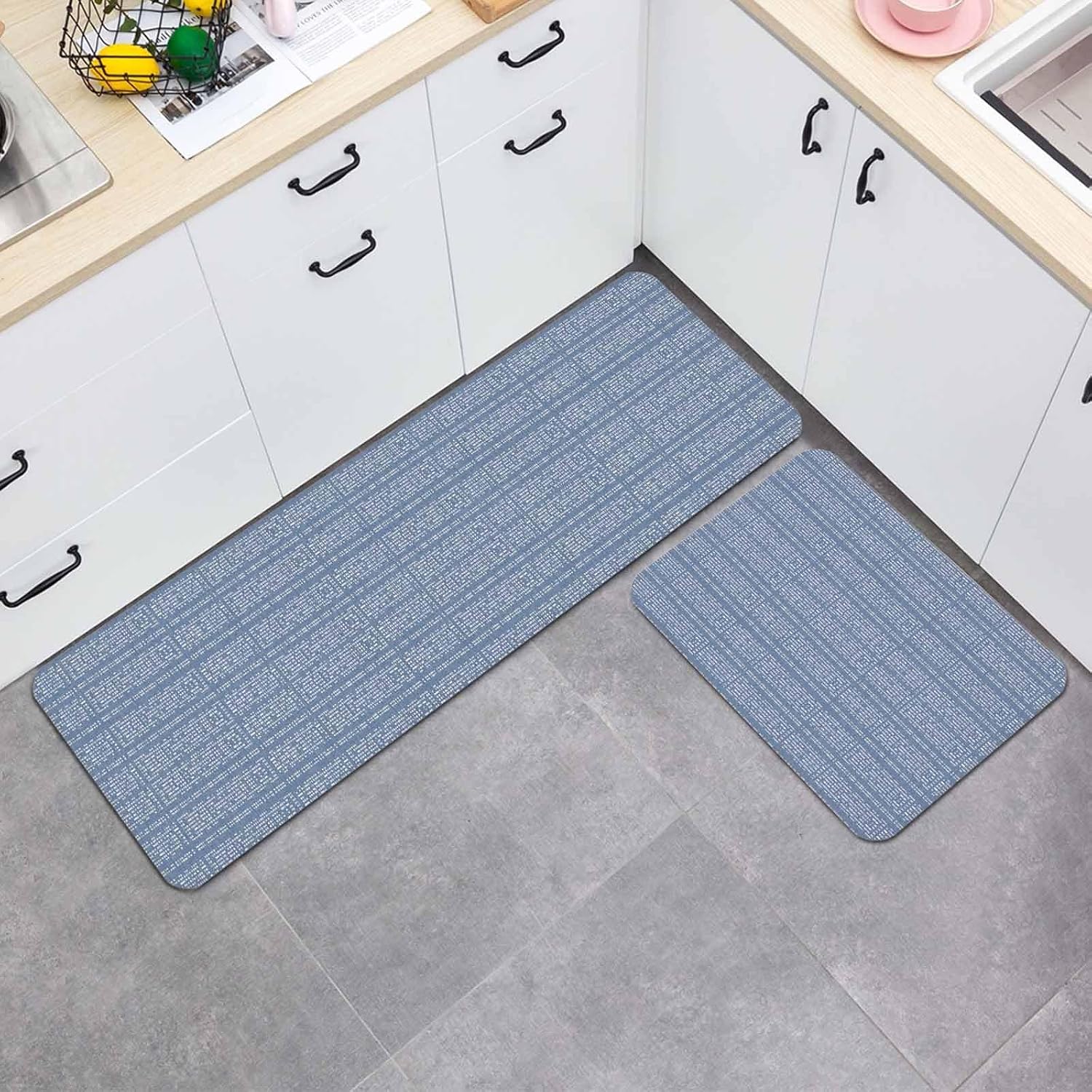 Prime Leader Blue White Pixels Kitchen Mat Set 2 Pieces Modern Contemporary Abstract Boho Non Slip Kitchen Rugs Washable Runner Rug Mats for Floor Sink Laundry Office 19.7" x 31.5"+19.7" x 47.2"