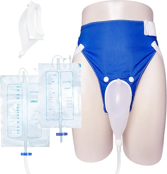 Wearable Urine Collector with Reusable Silicone Collector with Breathable Fixative Pant and Two Urinary Drainage Bags 2000ml 1000ml with 1.2m Catheter Soft Edge Design, Elderly Men Blue
