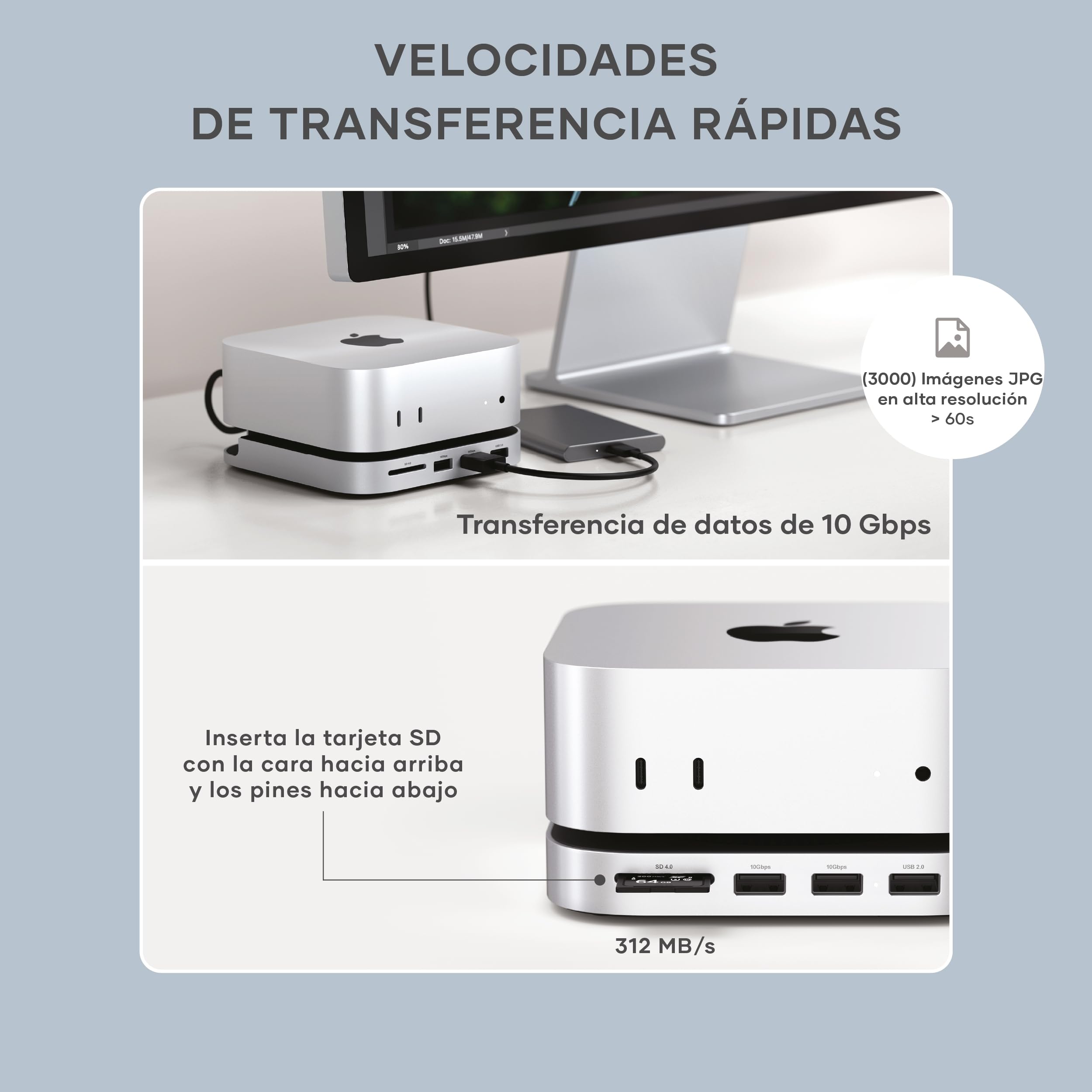 SATECHI Mac Mini M4 Hub & Soporte con Carcasa SSD NVMe 10Gbps | Para Mac Mini M4 y M4 Pro, ventilación optimizada, 2x USB-A 10Gbps, 1x a 480Mbps, lector SD, cable host USB-C incorporado