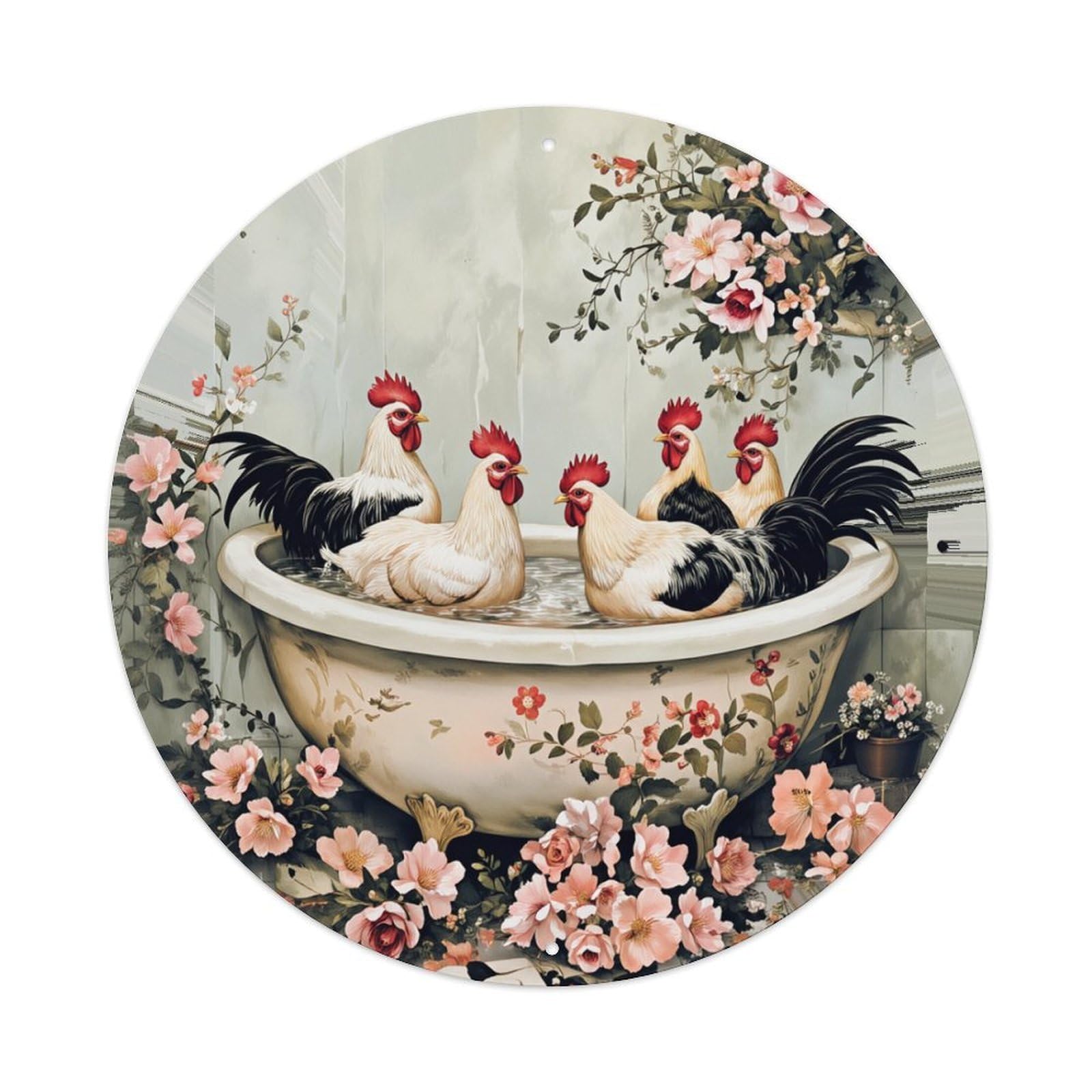 Floral Chicken Bath Scene Art Round Tin Sign Retro Metal Sign for Cafe Bar Pub Home Game Room Gym Club Wall Decoration Vintage Metal Poster 8x8 Inch
